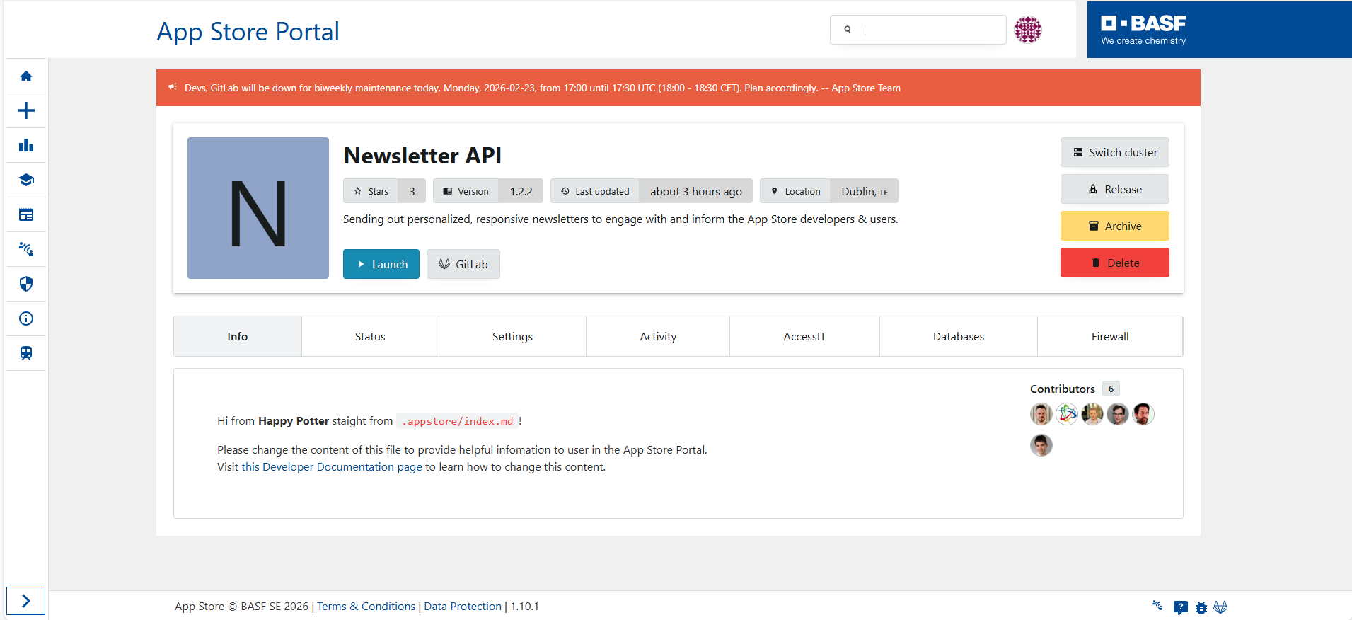 AppStore Portal — product detail page with launch, archive, delete, and contributor info