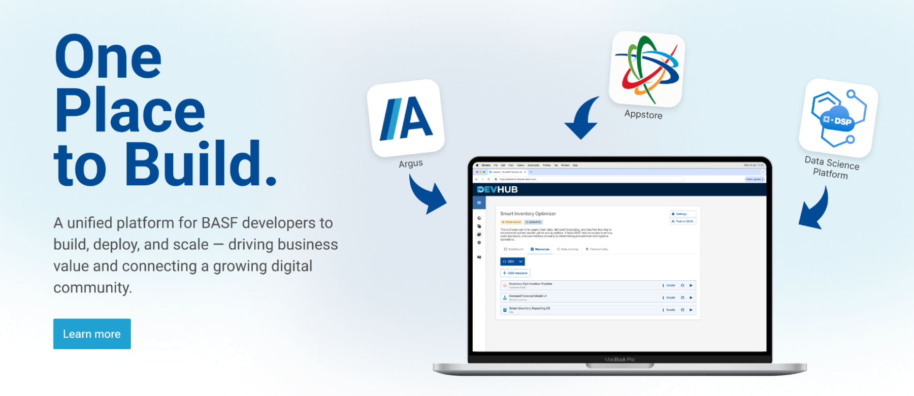 DevHub landing page — three platforms (Argus, AppStore, Data Science Platform) converging into one unified developer platform