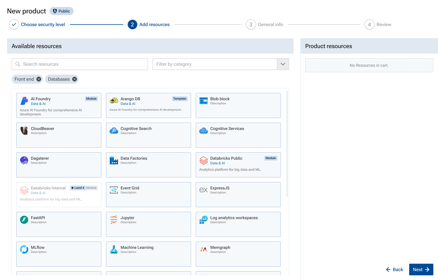 Wizard step 2 — add resources, browsing a searchable, filterable catalog of available modules and templates