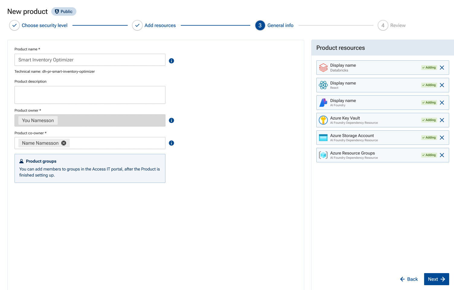 Wizard step 3 — general info, naming the product and assigning owner and co-owner
