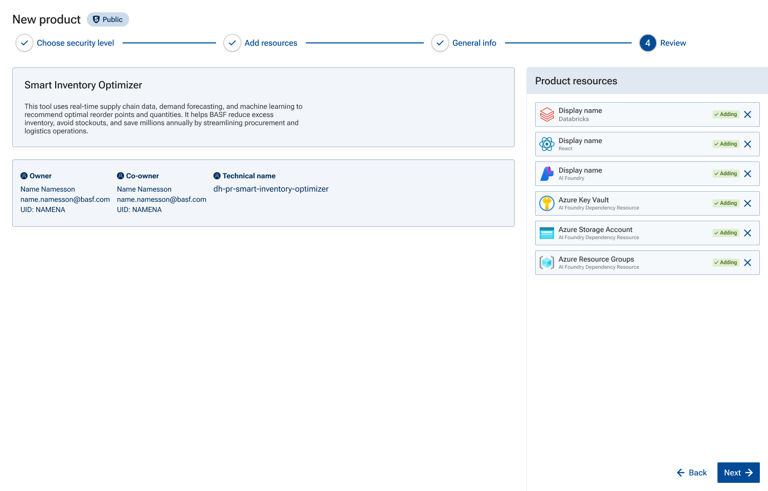 Wizard step 4 — review, showing the product resources being added before confirming