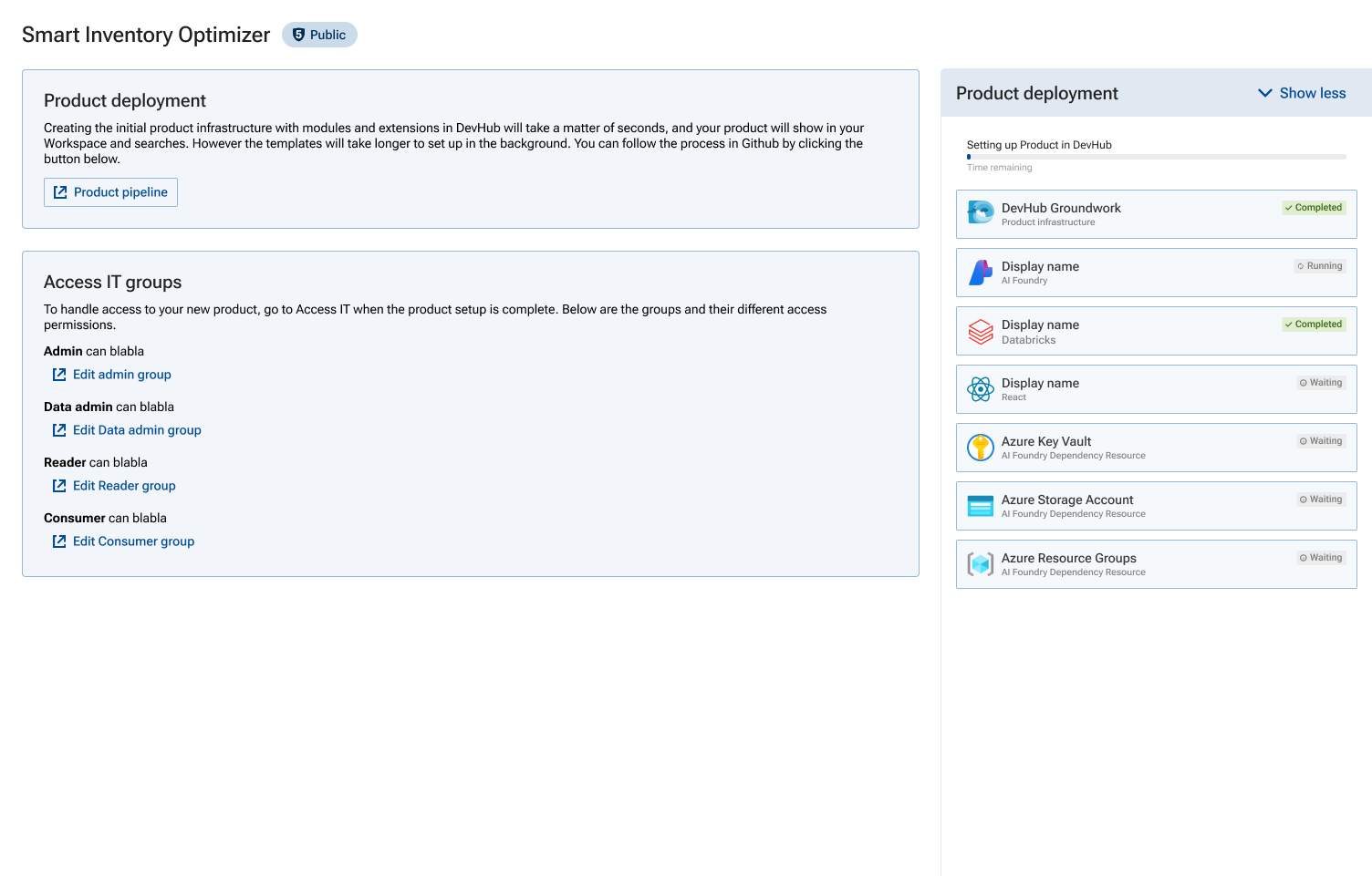 Proposed design — a collapsible product deployment panel tracking pipeline run status